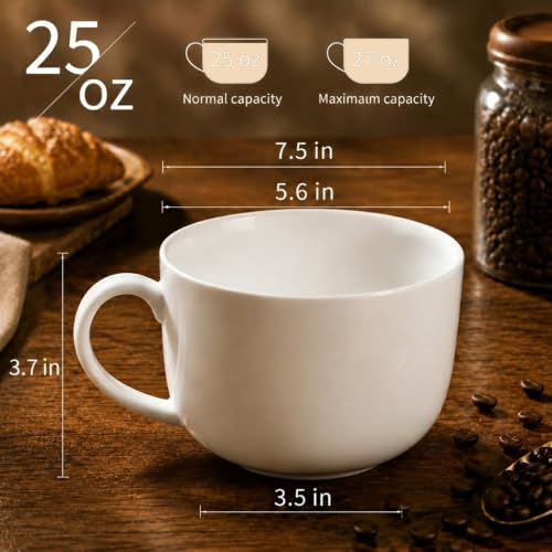 Large Soup Mugs with Handles Set of 2,25 oz Fine Bone China | Coffee Mugs,Microwave Safe White Soup Cups and Oatmeal Bowls for Coffee, Tea, Cereal, Housewarming Wedding Gift - color: 2 Pcs Blank