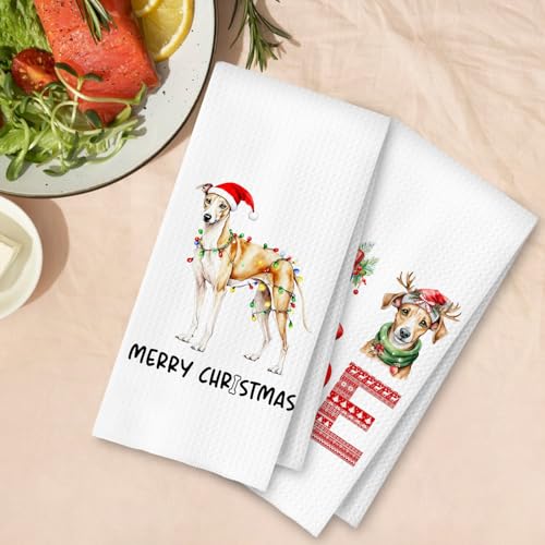 Christmas Whippet Kitchen Dish Towels 2 Pack - Whippet Dog Lover Gift, Waffle Weave Christmas Hand & Tea Towels for Kitchen Bathroom, 16x24 Inches - color: Whippet Christmas
