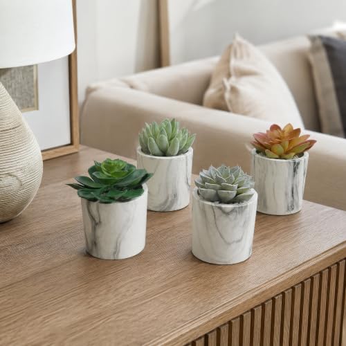 4.75" Set of Assorted Succulent Artificial Plants w/Fake Marble Pots -Green/Burgundy