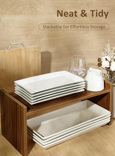 Porcelain Rectangular Dinner Platters, 9.75 Inch Rectangle Serving Plates for Sushi, Snacks, Cake, Meat & Appetizers, Set of 4, Elegant White Design | Durable Ceramic Serving Trays for Snacks, Steak, Sushi, Desserts and Parties, Stackable, Dishwasher/Micr