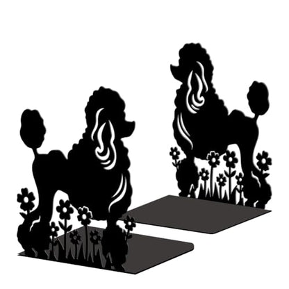 5.3"x4.3"x6.5" Metal Bookends, Heavy Duty Book Ends for Shelves | Poodle Dog and Flowers Theme Cast Iron Book Supports, 1 Pair Decor Stoppers for Desk, Library, Office & Home Shelves - style: Poodle Dog and Flowers
