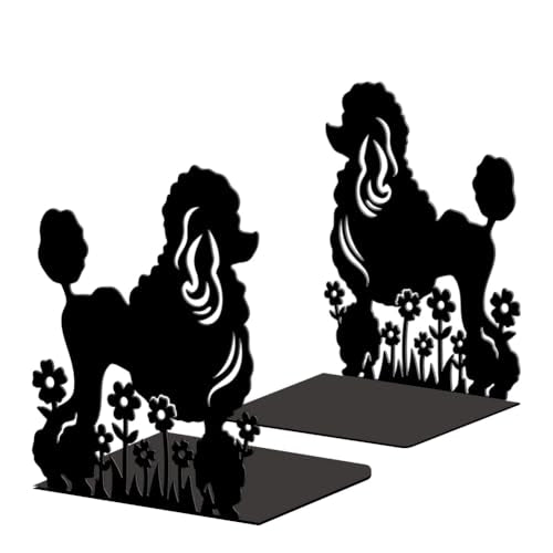 5.3"x4.3"x6.5" Metal Bookends, Heavy Duty Book Ends for Shelves | Poodle Dog and Flowers Theme Cast Iron Book Supports, 1 Pair Decor Stoppers for Desk, Library, Office & Home Shelves - style: Poodle Dog and Flowers