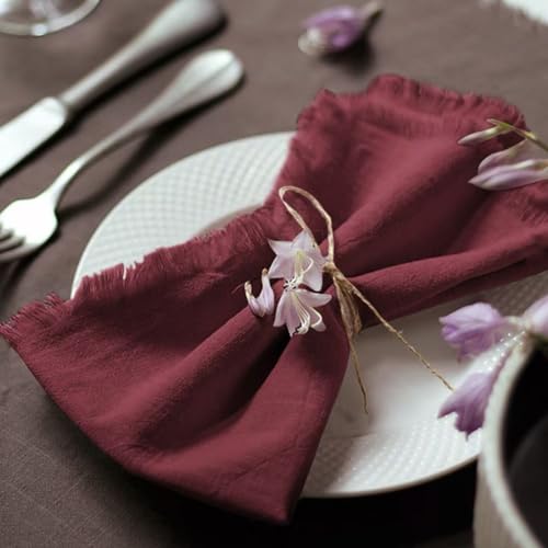 Handmade Cloth Napkins 100% Cotton Napkins with Fringe，Delicate Handmade Cloth Napkins for Dinners, Parties, Weddings and More，18 x 18 Inch Set of 4 - Burgundy - color: Burgundy