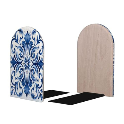 Blue White Flower Ceramic Pattern Bookends Decorative Wooden Book Ends Heavy Duty Metal Bookends Non Slip Book Holders for Shelves Desk Office Library Home Decor