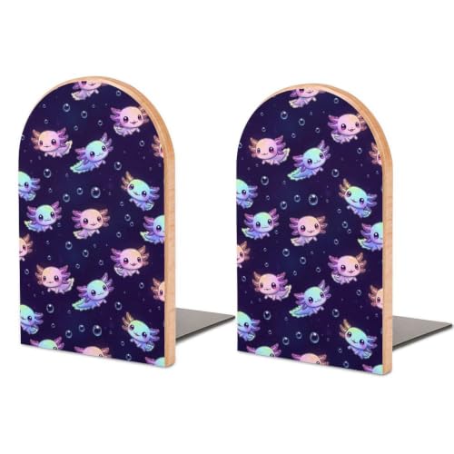 2 Pcs Wood Book Ends for Shelves Metal Base Bookends Holders, Axolotl | Purple, Decorative Book Stopper, Heavy Duty and Non-Skid, Support for Magazines, Books, DVDs - color: Style(503)