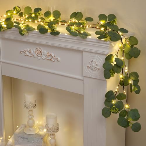Christmas Decoration Indoor - 6FT Eucalyptus Garland with Timer, Artificial Christmas Greenery Cedar Tree Garland for Mantle Fireplace Outdoor Xmas Decor (Eucalyptus) - color: Eucalyptus Garland - 1pcs