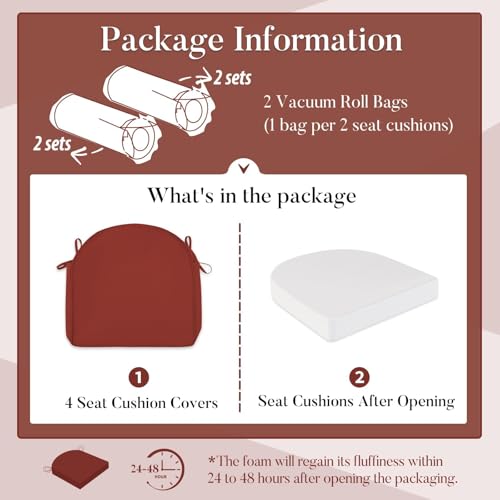 Basic Beyond Outdoor Cushions for Patio Furniture: Waterproof & UV Resistant Outdoor Chair Cushions Set of 4-19 x 19 x 3 Inch Thick Patio Chair Cushions with Adjustable Ties & Handle, Brick Red - color: Brick