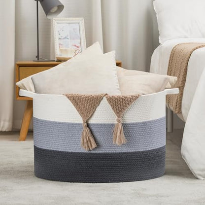 XXXLarge Woven Cotton Rope Basket (21.7" x 13.8") 90L – Blanket Basket for Living Room, Laundry Hamper, Baby Laundry Hamper, Toy Storage, Pillows & Cushions Organizer (White & Blue) - color: White & Blue