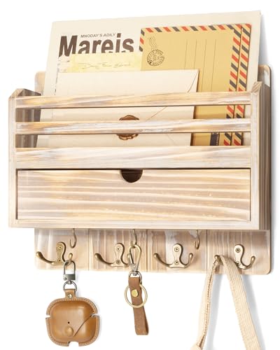 Rebee Vision Farmhouse Mail Organizer Wall Mount for Entryway, Natural Wood | Key and Mail Holder for Wall, 7 Key Hooks, Drawer Organizer, Mail Sorter, Key Hanger, Apartment Essentials, Home Decor - color: Natural