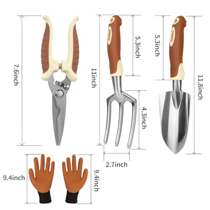 Brown Garden Tool Set 4-Piece, Trowel, Fork, Pruning Shear&Gloves | Aluminum Gardening Hand Tools, Non-Slip Ergonomic Handles, for Digging Weeding, Gift for Women Men Gardener Plant Lovers - color: brown-4pcs