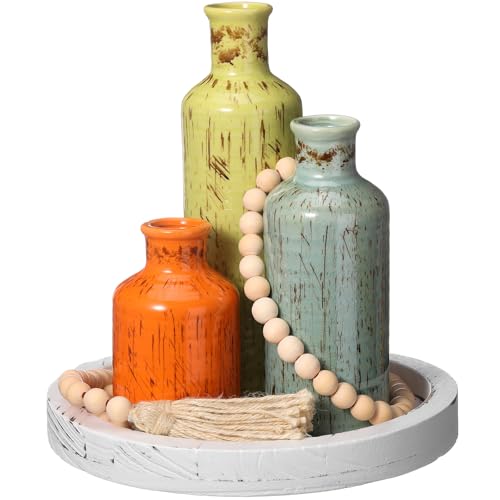 5 Pcs Rustic Country Tabletop Centerpieces Decor Set of 3 Boho Ceramic Vases with Wooden Serving Tray Wood Bead Garland Tassels Table Holder for Home Decorations(Mexican Color) - color: Mexican Color