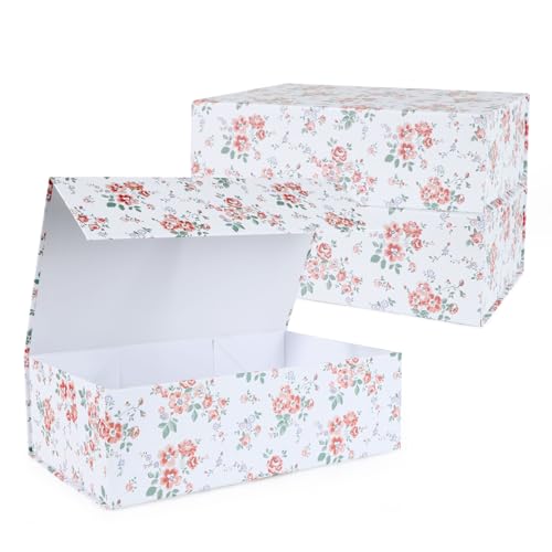 LFBOX Rose Floral Gift Box with Magnetic Lids 3 Pack | Large Bridesmaid Proposal Boxes 13.8x8.3x4.4 in, Rectangle Wedding Decorative Storage Box - color: White Rose, size: 1 Count (Pack of 3)