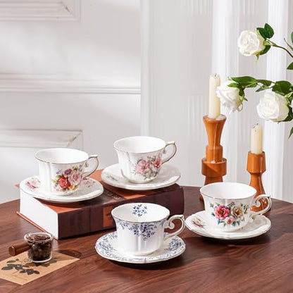 Ceramic Floral Cups with Saucers，7 oz Espresso Cups for Latte Coffee Cafe, Cappuccino and Tea(1, Rose) - color: Rose