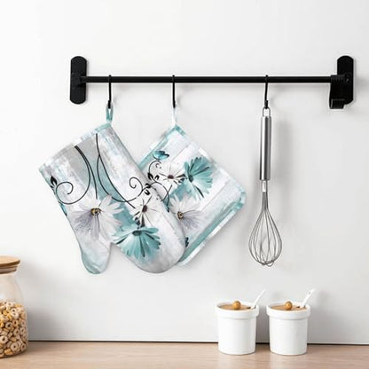 Teal Daisy Oven Mitts Pot Holders Set Silicone Heat Resistant Farm Teal Daisy Floral Flowers and Butterfly Oven Mitts and Hot Pads Potholders Non-Slip Oven Gloves for BBQ - color: Teal