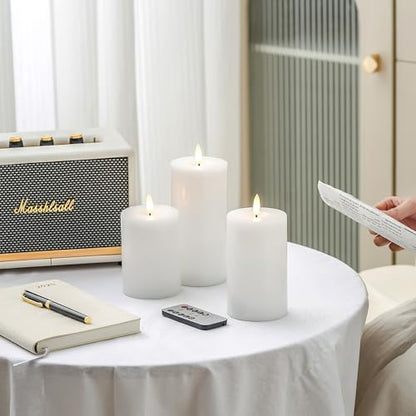 Stmarry White Flameless Candles with Remote and Timer, Real Wax Made LED Pillar Candles Battery Operated with 3D Flickering Flame - 3" x 4",5",6" - Set of 3 - color: White