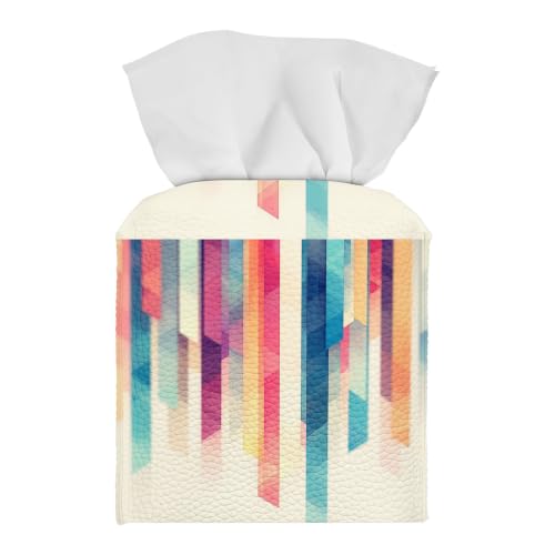 Tissue Box Cover Square, PU Leather Tissue Box Holder for Bathroom, Living Room & Office Desk, olorful Geometric Stripes Abstract Art, Decorative Modern Tissue Box Cover - color: Olorful Geometric Stripes Abstract Art