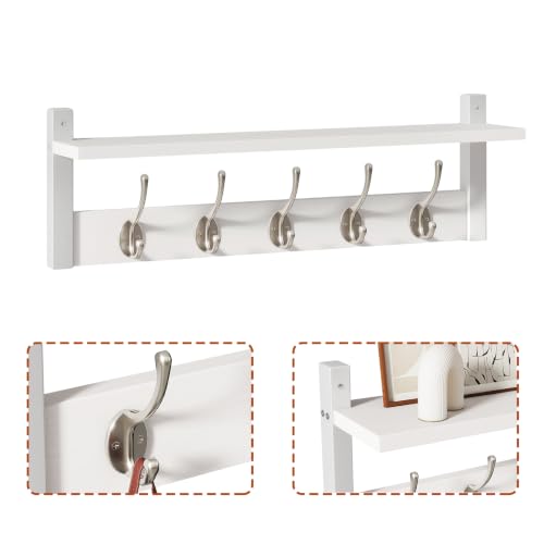 YMYNY 47.2" Coat Rack Wall Mount with Shelf and 10 Hooks, White UHWS004W-2 | 2 Pack Coat Hooks Wall Mount, Wood Wall Mounted Coat Rack with Hooks, Coat Hanger Wall Mount, Wall Hooks for Hanging - color: White