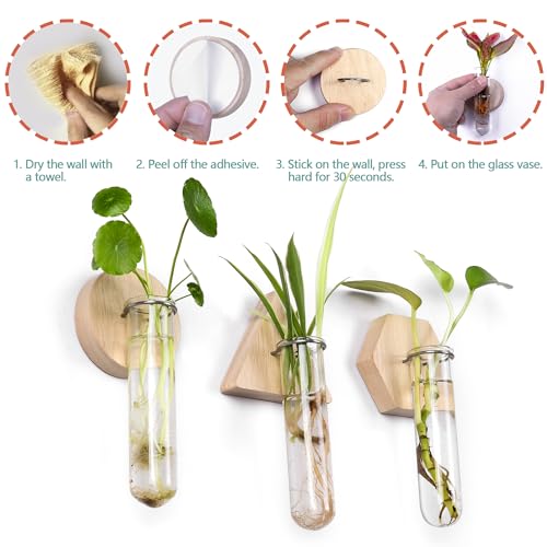 Wall Hanging Glass Planter Plant Propagation Station | Test Tube Vase, Wall Mounted Self-Adhesive Wooden Hydroponic Planter, for Home Office Wall Decor