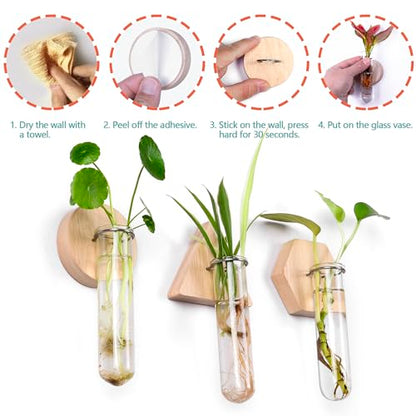 Wall Hanging Glass Planter Plant Propagation Station | Test Tube Vase, Wall Mounted Self-Adhesive Wooden Hydroponic Planter, for Home Office Wall Decor