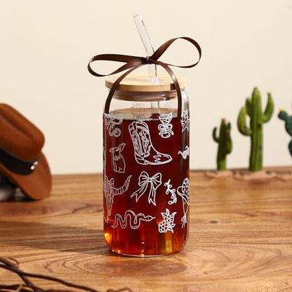 Western Gifts for Women, Cute Glass Cup for Western Cowgirl Stuff | Iced Coffee Tumbler Glass Cup with Lid Straw for Country Girl Gift Thanksgiving Christmas Birthday Mothers Day Friend 16oz - style: Western