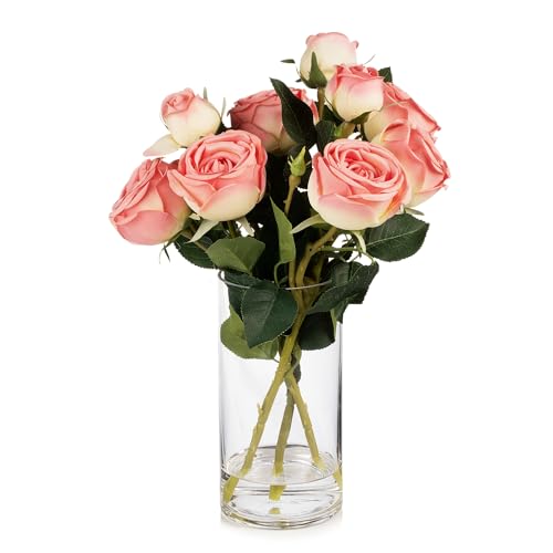 9 Heads Silk Rose Artificial Flowers in Vase,Faux Rose Flowers Arrangement in Vase with Faux Water for Table Decor Centerpieces (Dark Pink) - color: Dark Pink
