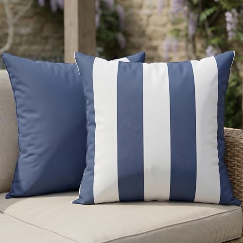 Decorative Outdoor Pillows Set of 2 - Waterproof 18x18 Throw Pillow Covers | Durable Weather Resistant Cushions for Porch and Patio Furniture Decor - Fits Garden, Balcony or Backyard Seating - color: Blue