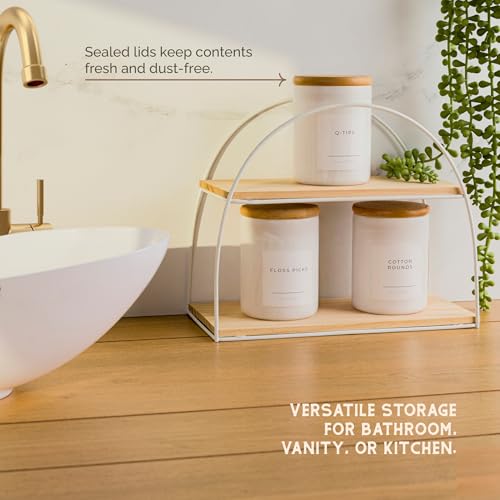 Mini Glass Apothecary Jars with Bamboo Lids, Small Bathroom and Kitchen Storage Containers, For Cotton Balls, Pads and Swabs, 10 oz, Set of 3, White - color: White