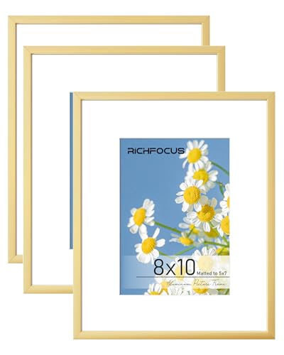 RICHFOCUS 8x10 Picture Frame with Mat for 5x7 |8 x 10 Modern Photo Frame Gold|8 by 10 Metal Aluminum Frames with Stand for Tabletop or Wall Hanging|Hardwares Included, Set of 3 - color: Gold, size: 8x10-3P-Plexiglass