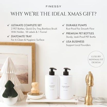 FINESSY White Bathroom and Kitchen Soap Dispenser Set with Tray and Brush | BPA Free Plastic Hand Soap Dispenser Set Of 2 Bottles, 500ml Each With Brush & Ceremic Holder on A Marble-Look Resin Tray - color: Minimalist White