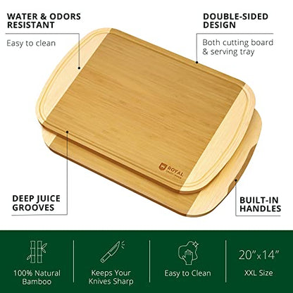 ROYAL CRAFT WOOD Bamboo Cutting Board with Juice Groove - Kitchen Chopping Board for Meat Cheese and Vegetables, Heavy Duty Serving Tray - color: Two-Tone Bamboo, size: 20"L x 14"W