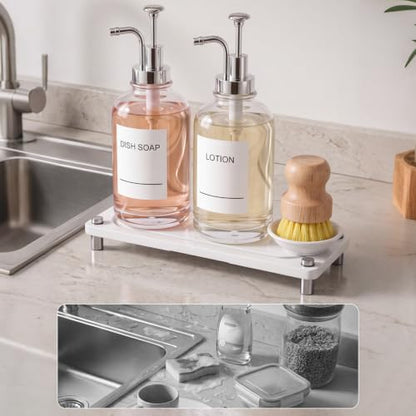 Kitchen Soap Dispenser Set, 2 Pcs 16 oz Clear Glass Bottles with Pump, Instant Dry Diatomite Tray Waterproof Labels Dish Brush and Holder Non-Slip Base for Kitchen and Bathroom(White)