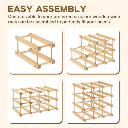 Wooden Wine Rack, 12-Bottle Stackable Wooden Wine Rack, Stackable Modular Wine Storage Racks, DIY Assembly Wine Bottle Holder for Inside Cabinet and Countertop (Beech Wood)