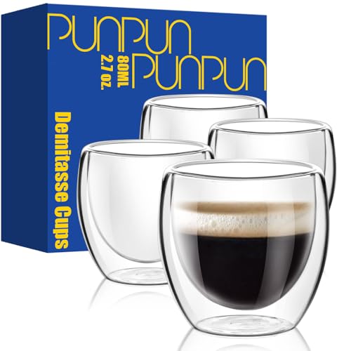 PunPun Glass Cups 2.7oz. 80ml Espresso Coffee Cups, Demitasse Cups Double Walled Clear Insulated,Shot Glass Set of 4 - color: 80ml / set of 4