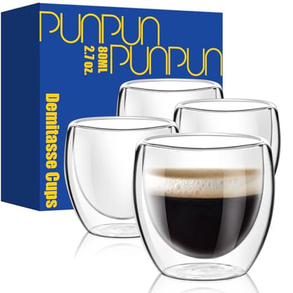PunPun Glass Cups 2.7oz. 80ml Espresso Coffee Cups, Demitasse Cups Double Walled Clear Insulated,Shot Glass Set of 4 - color: 80ml / set of 4