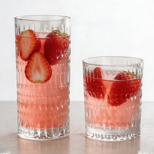Loivttvv Glassware Drinking Glasses Set of 8, 14 oz Highball Glasses & 10 oz Ribbed Glass Cups, Vintage Glassware for Water, Juice, Cocktail, Whiskey (Clear) - color: Clear