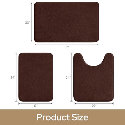 HOMEIDEAS Upgraded Bathroom Rugs Set 3 Piece, Ultra Soft Memory Foam Bath Mats, Super Absorbent Non Slip Washable U-Shaped Toilet Bath Rug (Brown, 17"x24"+20"x32"+U-Shaped 20"x24") - color: Brown