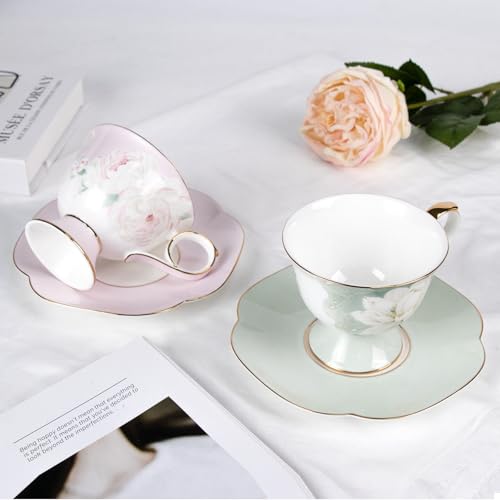 KAMMAK Tea Cups Set of 2,Ceramic Floral Pattern Demitasse Cup | Porcelain Espresso Cup with Saucer, 8.12 oz Handmade Elegant Bone China Tea Cups for Latte, Americano, Cappuccino - color: Sweet Dream & Lotus Melody