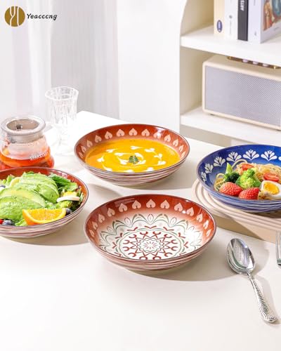 Yeacccng Bohemian Pasta Bowls Set of 6, 8.5 Inch 35 oz Ceramic Serving Bowls, Large Salad Bowl Bowls, Lead-Free, Dishwasher Microwave Oven Safe, Brown Blue Kitchen Decor - size: 8.5 inch pasta bowl (Brown*3 + Blue*3)