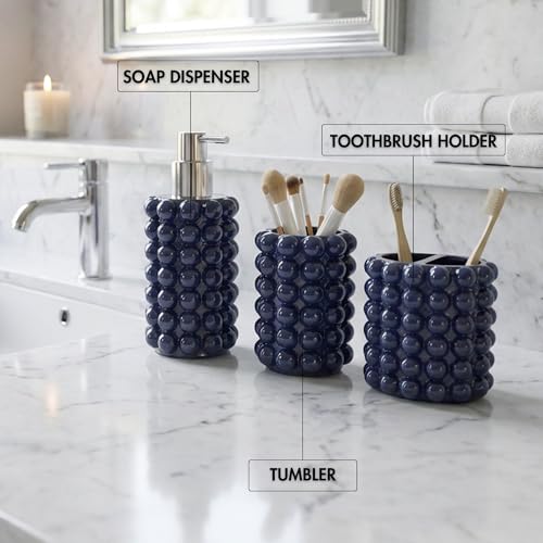 Better Trends Bathroom Accessories Set 3 Pieces Resin Bubble Textured Soap Dispenser, Toothbrush Holder & Tumbler for Vanity, Kitchen Sink & Countertop Organization Navy Nova Collection - color: Navy