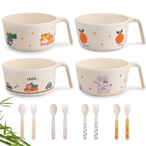 shopwithgreen Bamboo Kids Bowls Set, 4 Reusable Small Bowls for Baby Toddlers, Dinnerware Cereal Snack Soup Rice Bowl with 4 Spoons & Forks, Dishwasher Safe Bamboo Baby Food Bowls, BPA Free, 14.5 OZ