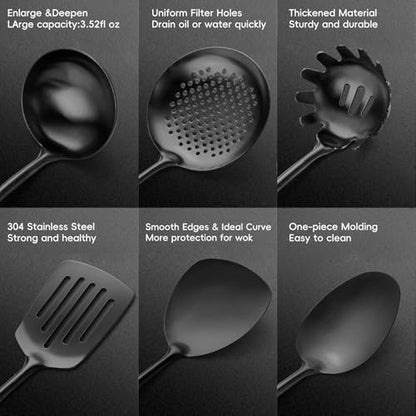 Izurok 18/10 Stainless Steel Kitchen Utensils Set,10 Piece Cooking Utensils With Wood Handle,Heat Resistant Kitchen Tool Set With Spatula,Spoon,Ladle,Skimmer,Slotted Turners,Pasta,Turner,Ladl,Fork - color: BLACK-10 Pieces, size: Small
