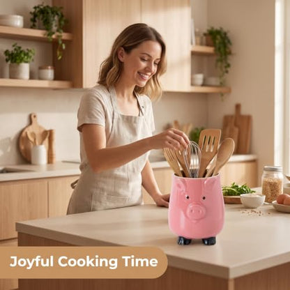 Ceramic Pig Utensil Holder for Kitchen Counter Farmhouse Utensil crock | Cute pig-shaped ceramic utensil holder keeps kitchen tools organized while adding farmhouse charm to your countertop.