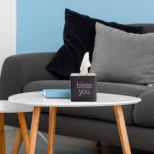 AuldHome Design Square Tissue Box Cover (Black); Modern Farmhouse Enamelware Tissue Holder - color: Black With "Bless You"