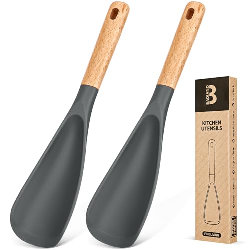 Cooking Spoon for Nonstick Cookwares, Great for Cooking and Serving Sturdy BPA-Free Matte Silicone, Wood Handle Spoon for Mixing, Scoop, and Scrape (2 Pack of Grey, 11.4 inch) - color: 2 Pack of Grey, size: 11.4 inch