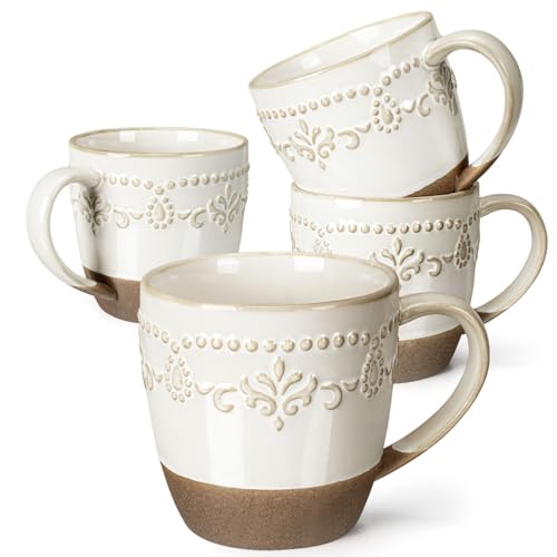 Artena Ceramic Coffee Mugs Set of 4, 16oz Embossed Large Latte Mugs Coffee Cups with Handle for Tea, Latte, Cappuccino & Cocoa, Milk Dishwasher & Microwave Safe, White (Damask Floral) - color: White