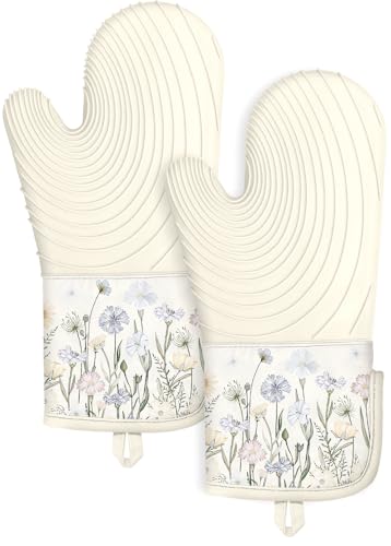 Slohif Long Silicone Oven Mitts Heat Resistant for Women - 2 Pcs Beige Wild Flowers 100% Cotton Oven Gloves, Non-Slip and Waterproof Silicone Oven Mitts with Hanger for Baking and Cooking - color: White Blue