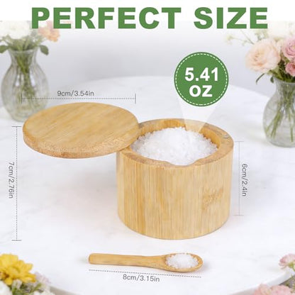 Ninsula Bamboo Salt Cellar, 360° Magnetic Swivel Lid Salt Container with Built-in Spoon for Storing Table Salt, Pepper, Sugar, Sea Salt, Spices, and Herbs