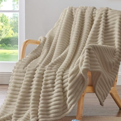 Nookly Linen Twin Size Fleece Blanket, Soft Lightweight Ribbed Plush Bed Blanket, Cozy All-Season Striped Fleece Twin Throw for Bedroom and Home, 60x80 Inches - color: Linen, size: Twin(60"x80")