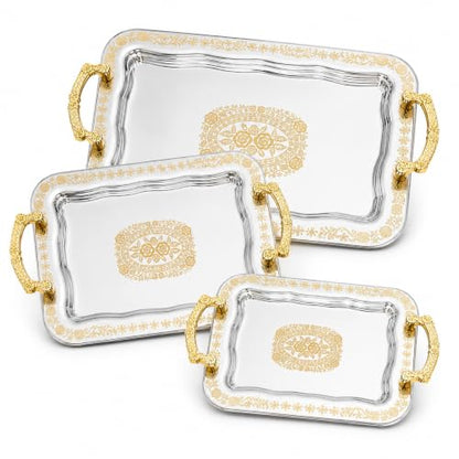 3 Pcs Silver Serving Trays with Handles | Metal Decorative Floral Rectangle Tray Set for Coffee Tea Dessert, Silver & Gold Platter for Buffet Wedding Home Decor