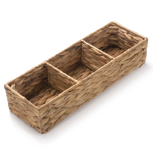 Wicker Bathroom Basket with 3 Compartments, Water Hyacinth Toilet Tank Basket, Woven Storage Box for Bathroom Organizer (14.6 x 4.7 x 3.1 inch) - size: 14.6" x 4.7" x 3.1"